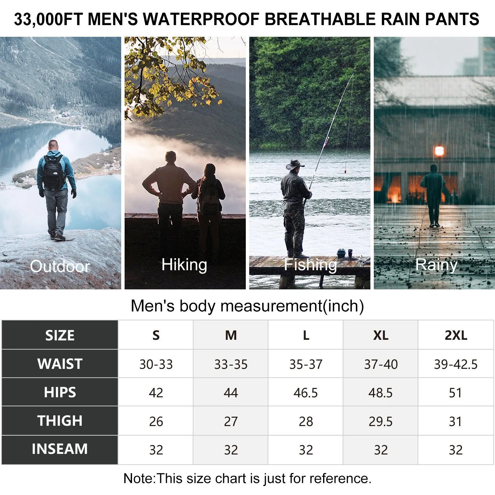 1.10 lbs 10000mm W/P Index 10000 Level Breathable Men's Rain Pants with 4 Multi Pockets and Adjustable Design