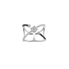 18k Gold Cross Diamond Open Ring with Black Diamond