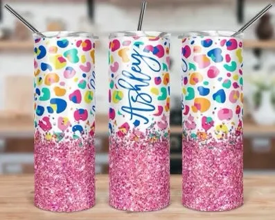 Colorful Leopard with Pink Glitter Tumbler