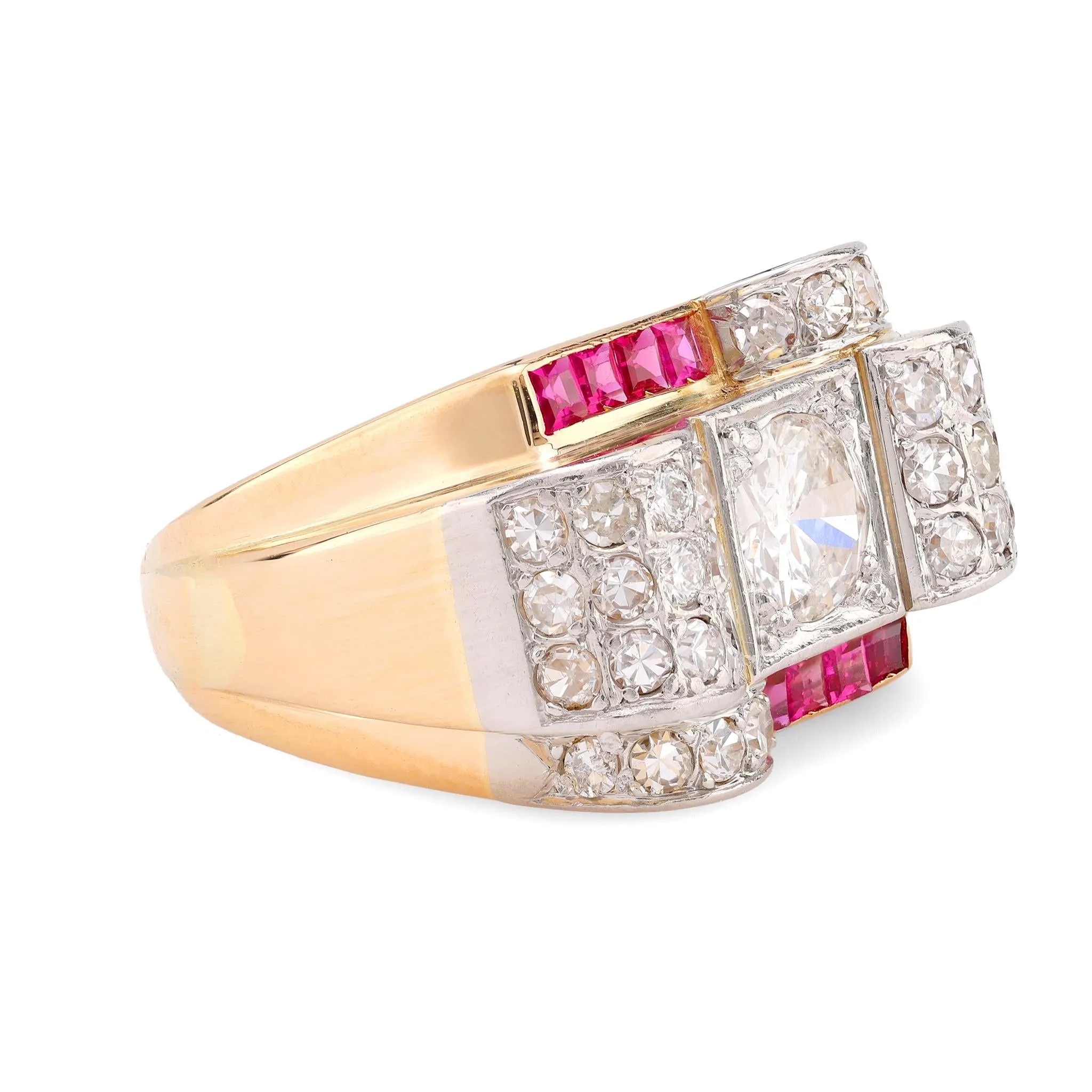 Retro 2 carat total weight diamond ruby 18k yellow gold tank ring